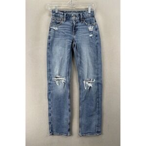 American Eagle Curvy Straight Jeans 000 Distressed Mid‎ Rise Blue Denim